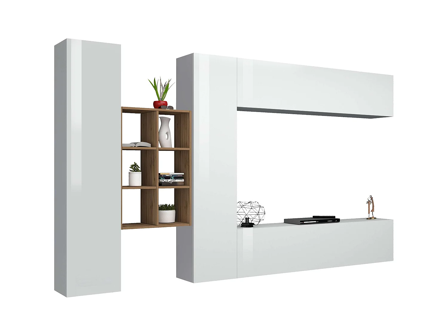 Mueble TV pared blanco colgado 2 armarios librería Sid WH