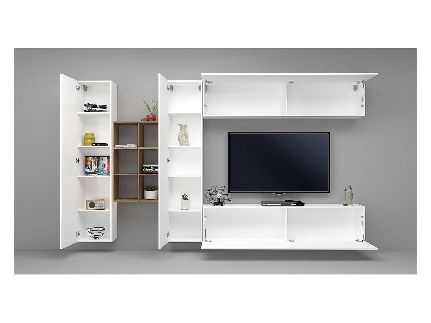 Mueble TV pared blanco colgado 2 armarios librería Sid WH