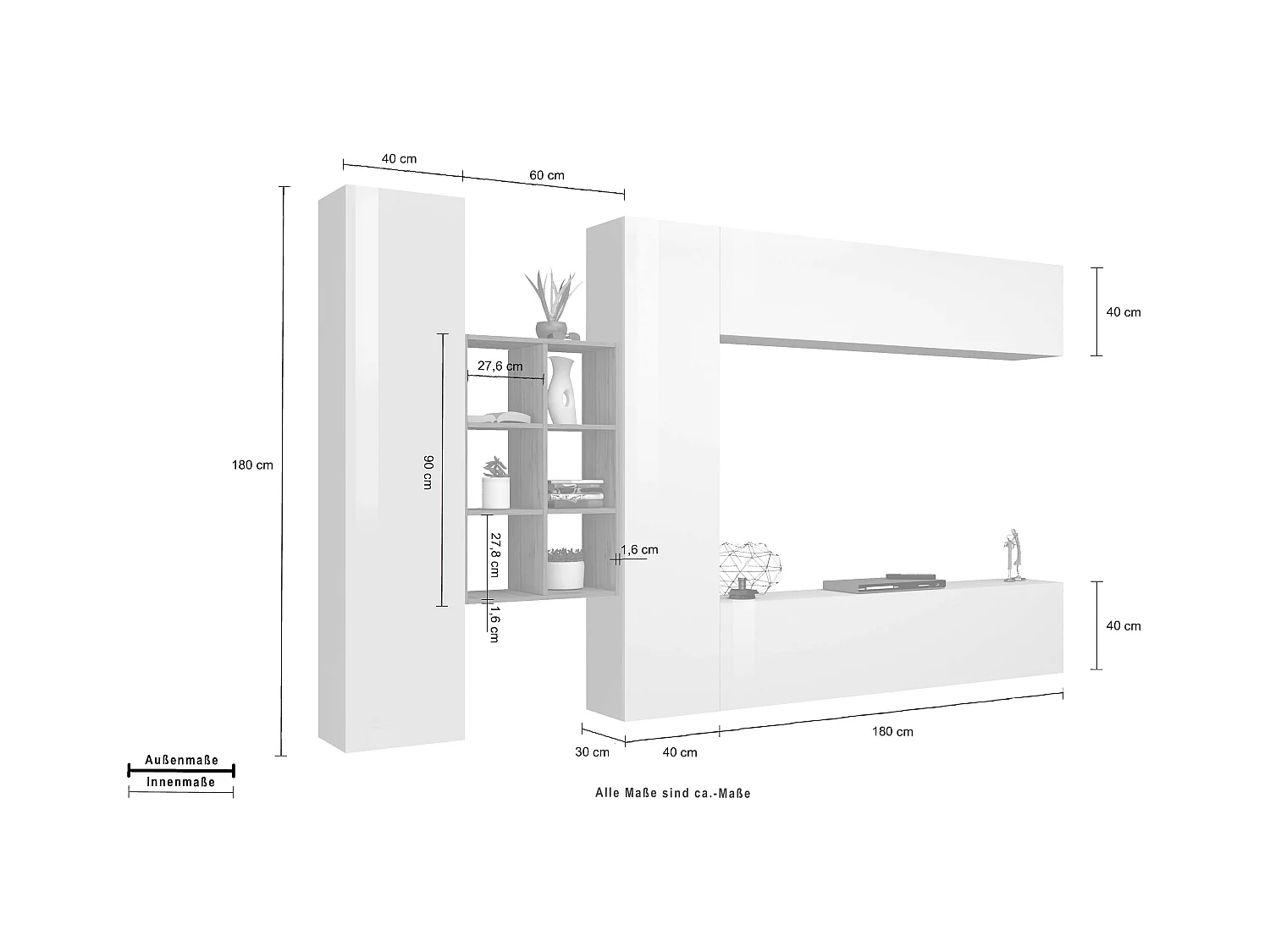 Mueble TV pared blanco colgado 2 armarios librería Sid WH