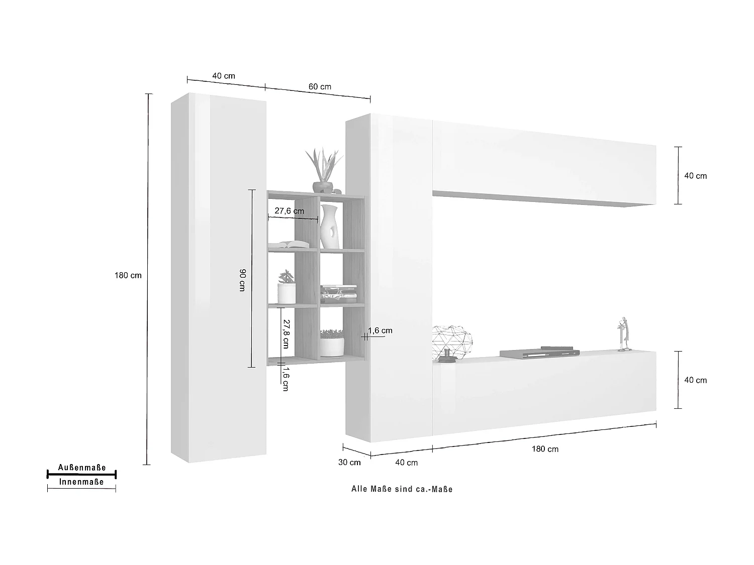Meuble TV mural blanc suspendu 2 armoires bibliothèque Sid WH