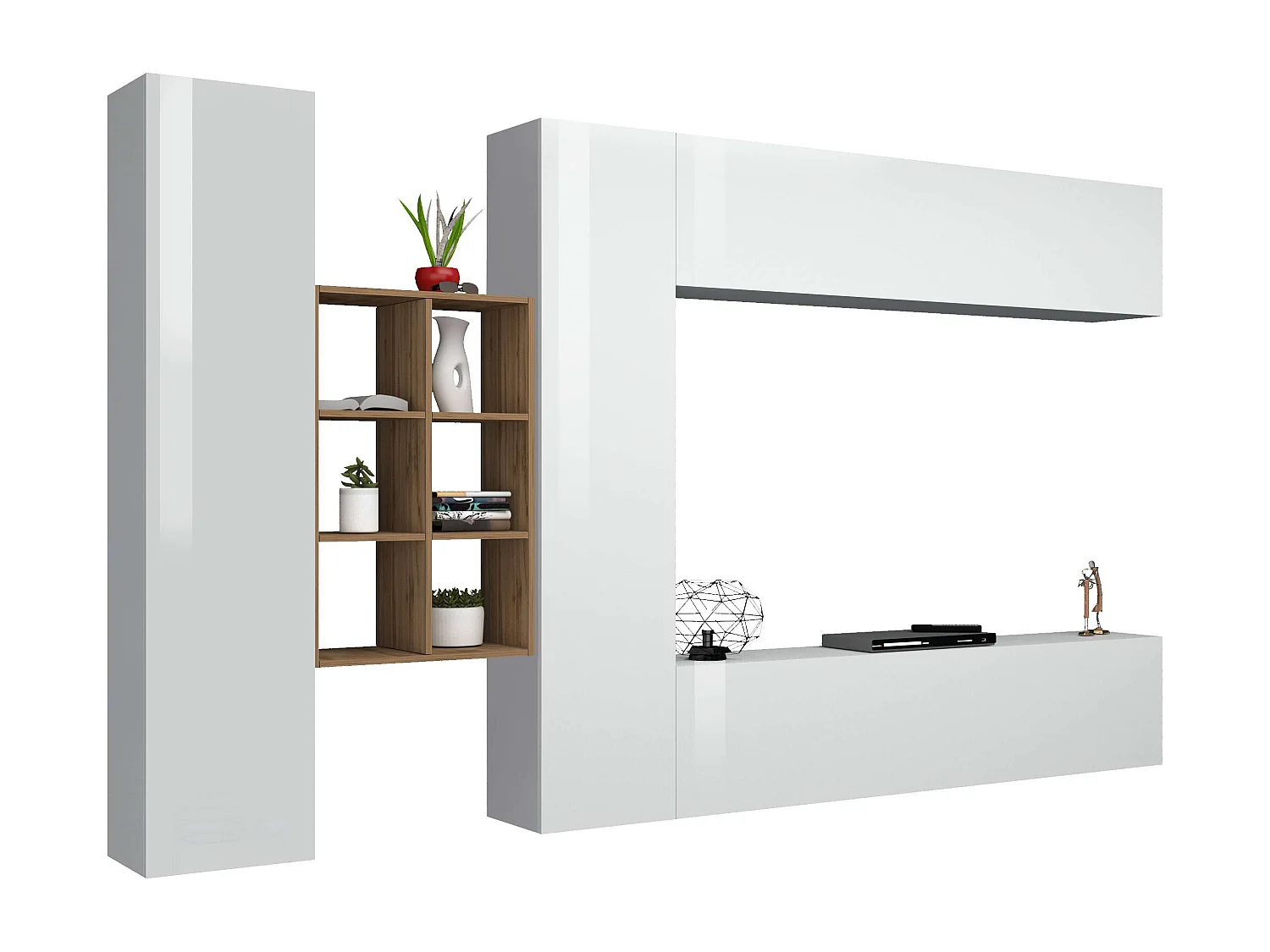 Weiße Wohnwand mit hängendem TV-Schrank, 2 Schränken und Bücherregal Sid WH