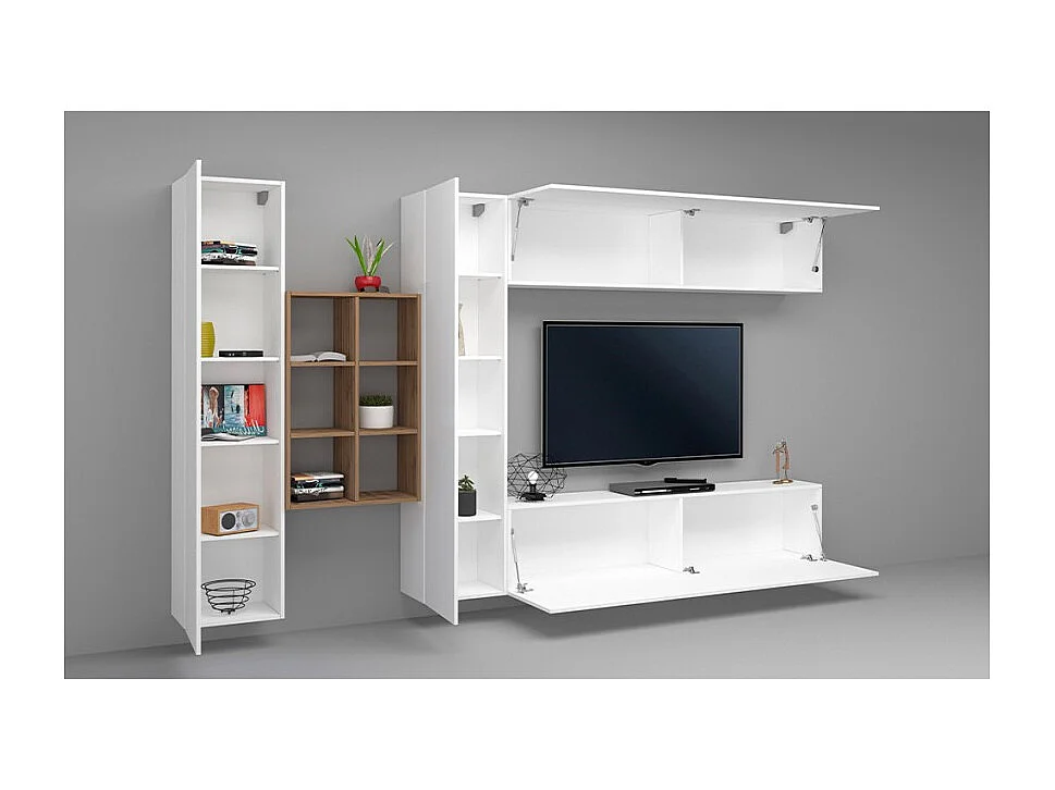 Weiße Wohnwand mit hängendem TV-Schrank, 2 Schränken und Bücherregal Sid WH