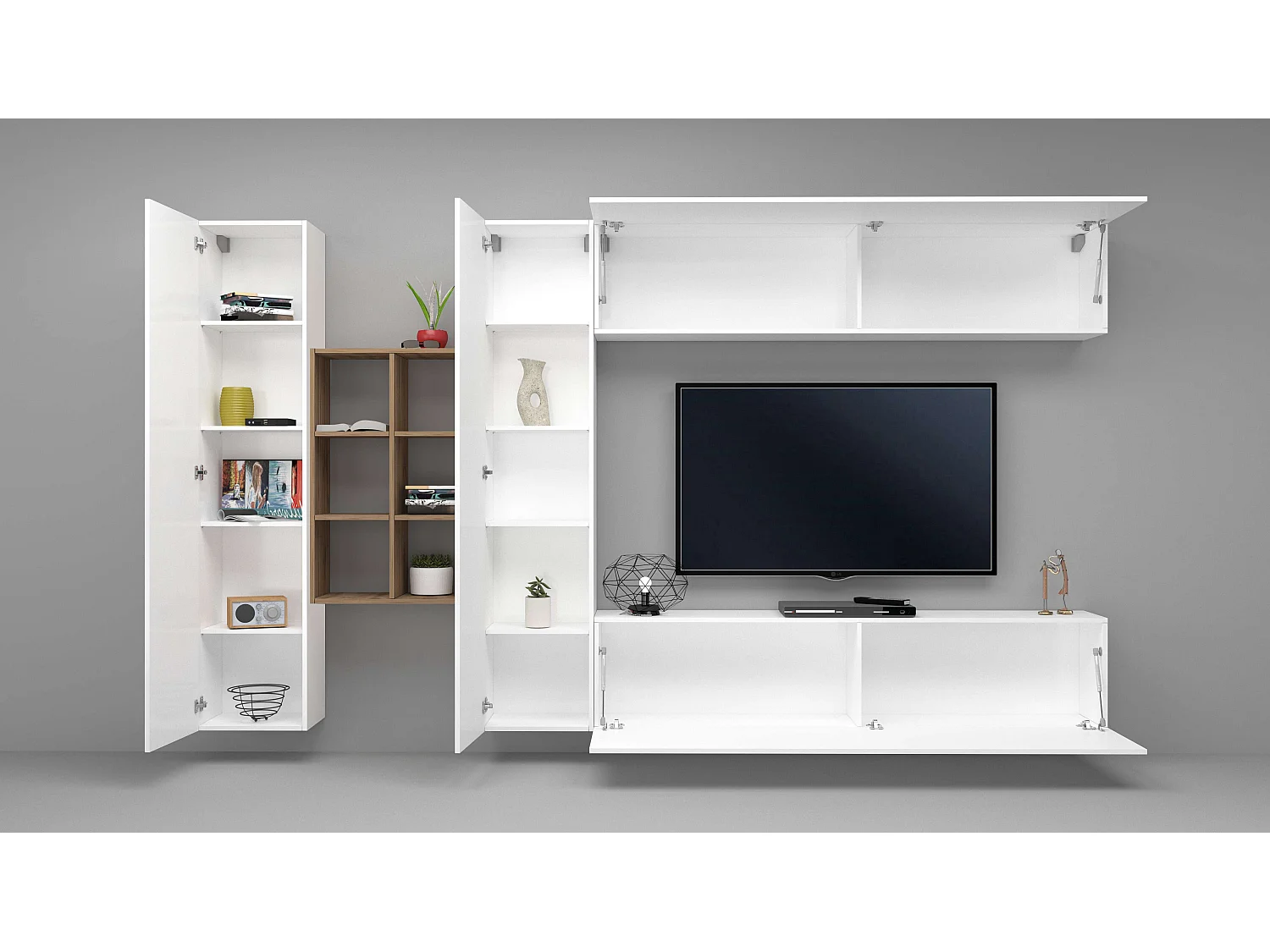 Parete attrezzata bianca mobile TV pensile sospeso 2 armadi libreria Sid WH
