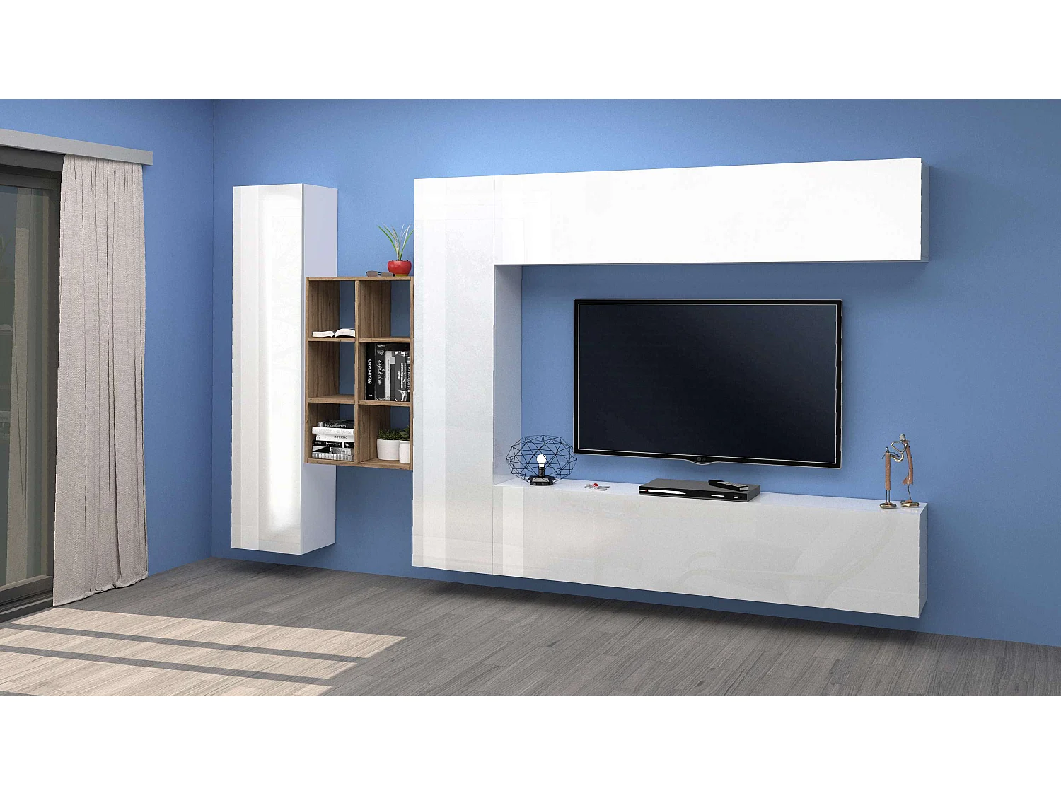 Parete attrezzata bianca mobile TV pensile sospeso 2 armadi libreria Sid WH