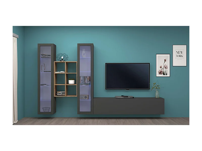 Meuble TV mural moderne bibliothèque en bois 2 vitrines Yves RT