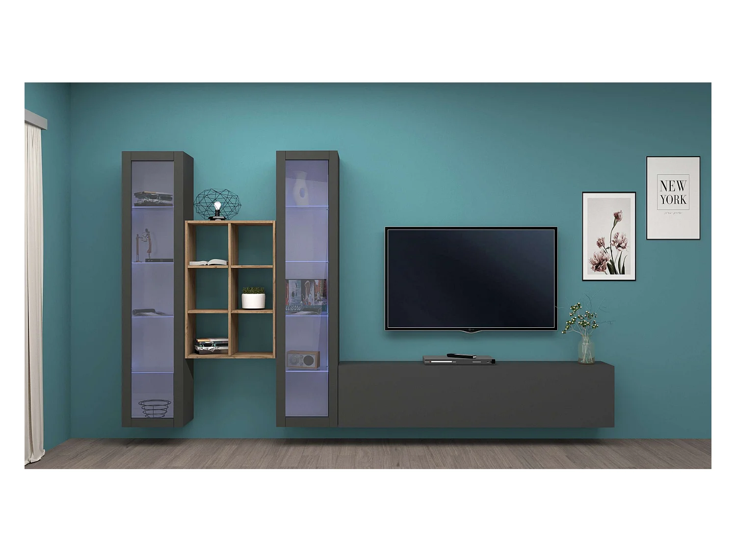 Parete attrezzata  antracite moderna sospesa mobile TV libreria legno 2 vetrine Yves RT