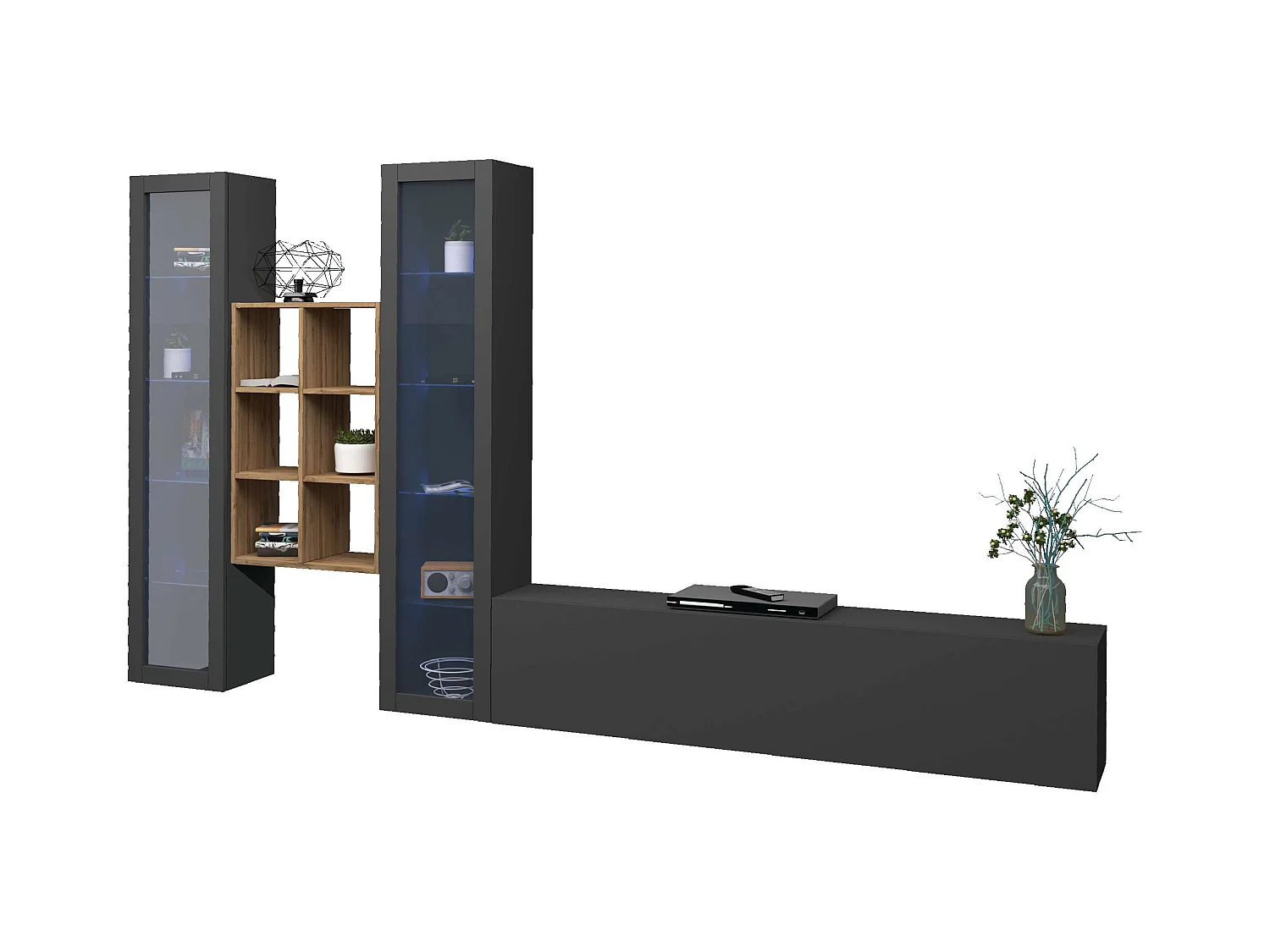 Parete attrezzata  antracite moderna sospesa mobile TV libreria legno 2 vetrine Yves RT