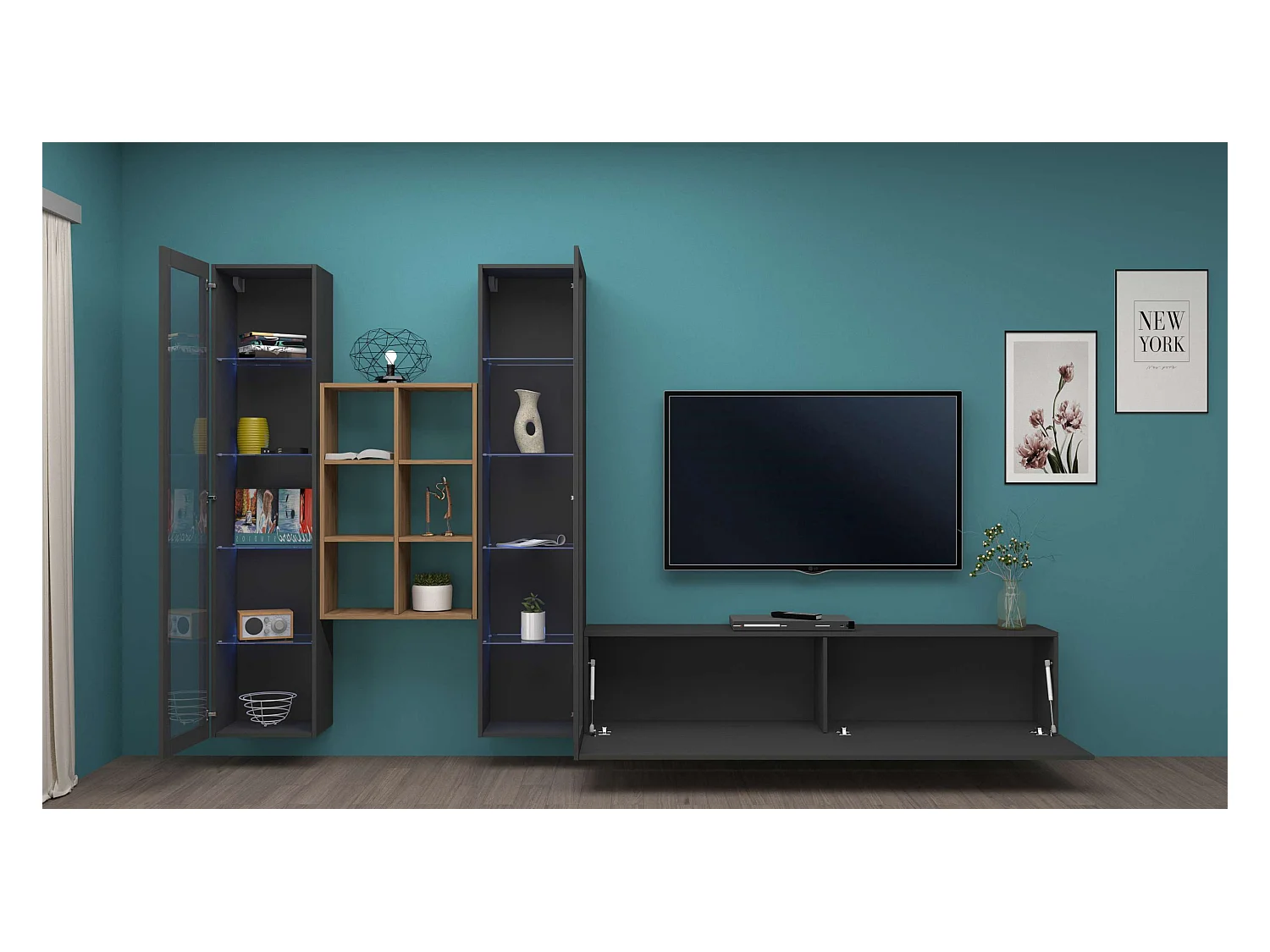 Parete attrezzata  antracite moderna sospesa mobile TV libreria legno 2 vetrine Yves RT