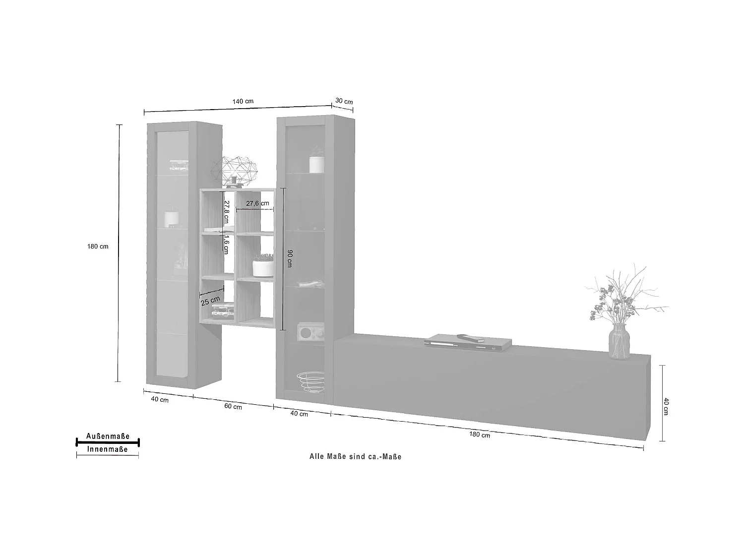 Parete attrezzata  antracite moderna sospesa mobile TV libreria legno 2 vetrine Yves RT