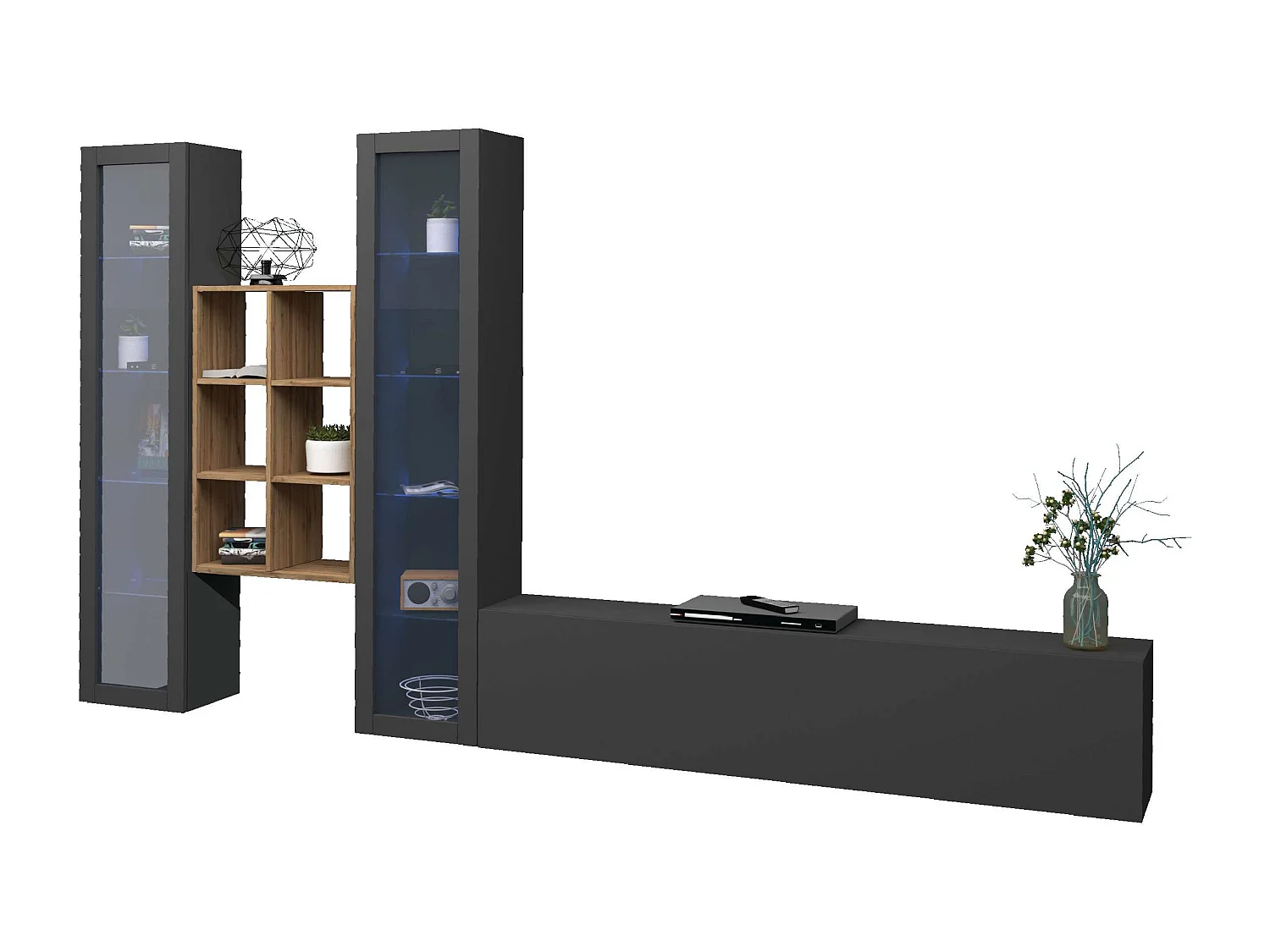 Parete attrezzata  antracite moderna sospesa mobile TV libreria legno 2 vetrine Yves RT