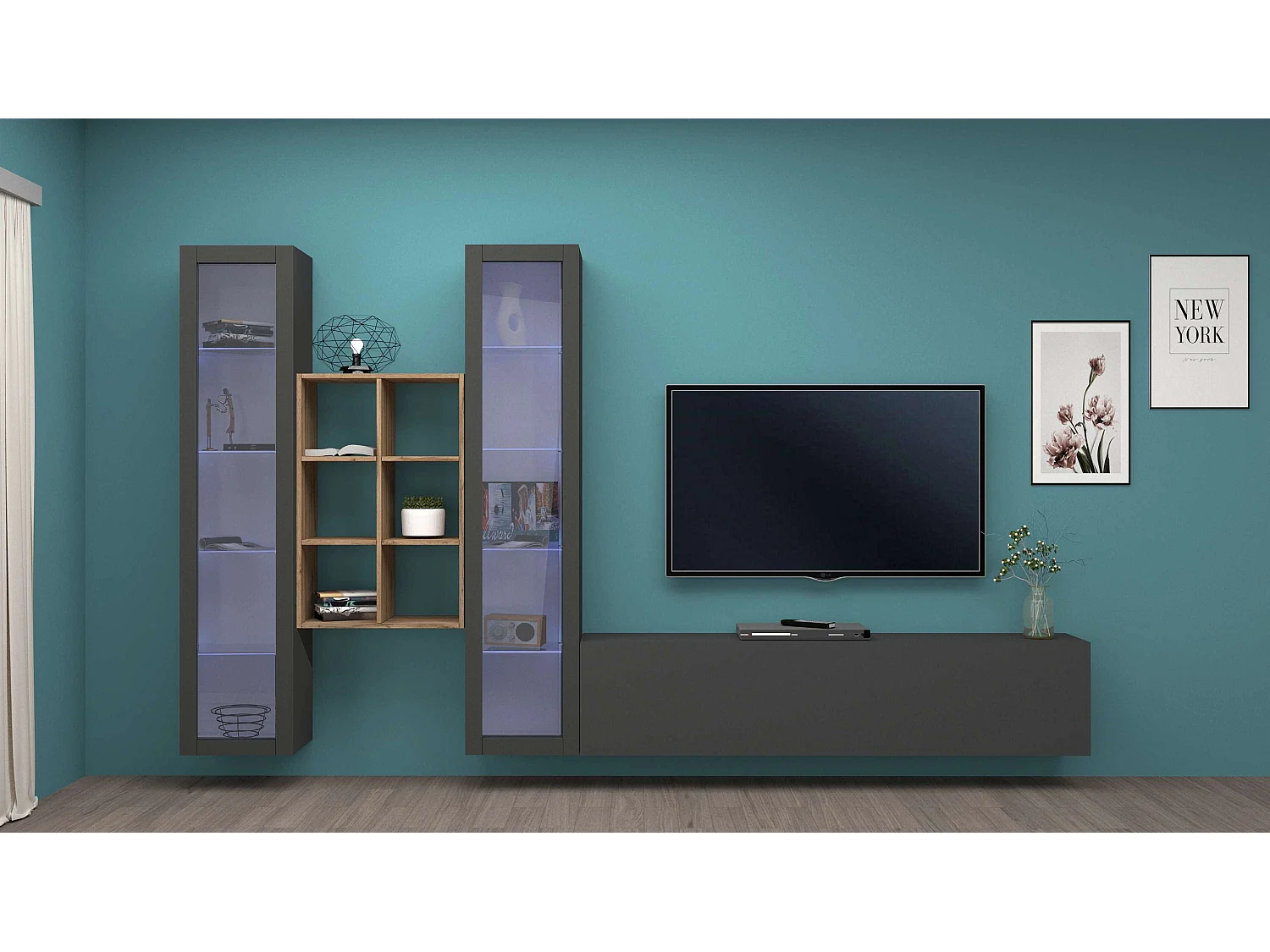 Parete attrezzata  antracite moderna sospesa mobile TV libreria legno 2 vetrine Yves RT