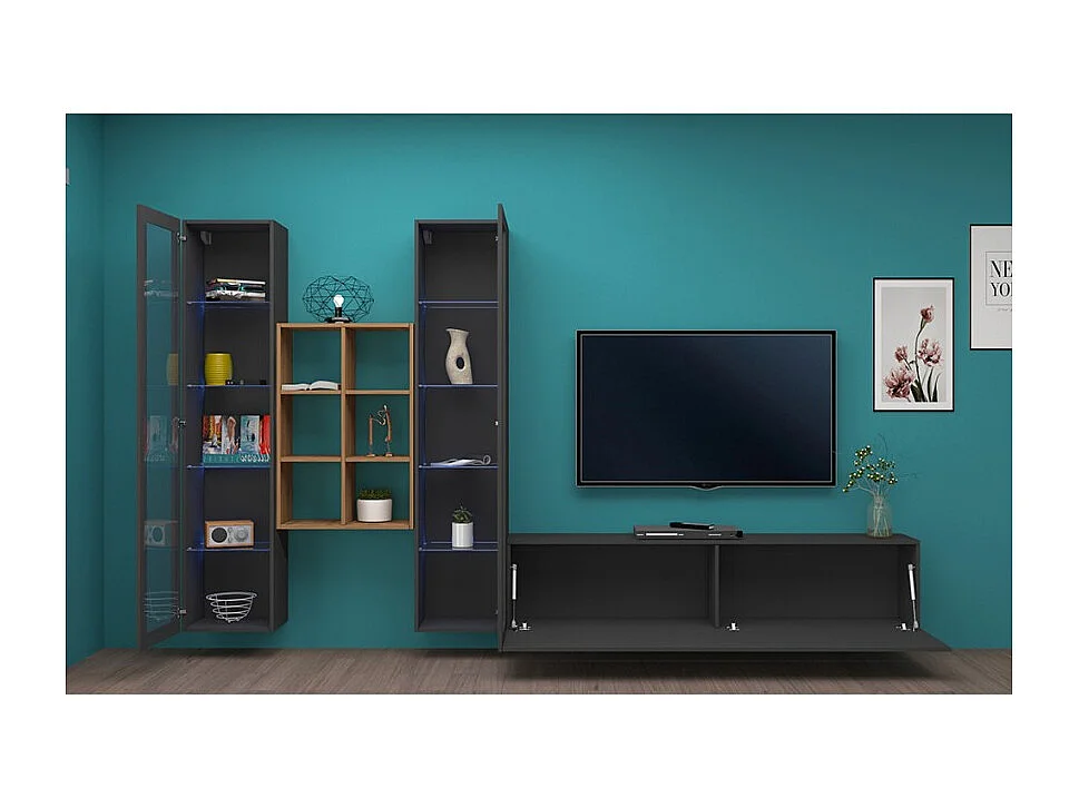 Parete attrezzata  antracite moderna sospesa mobile TV libreria legno 2 vetrine Yves RT
