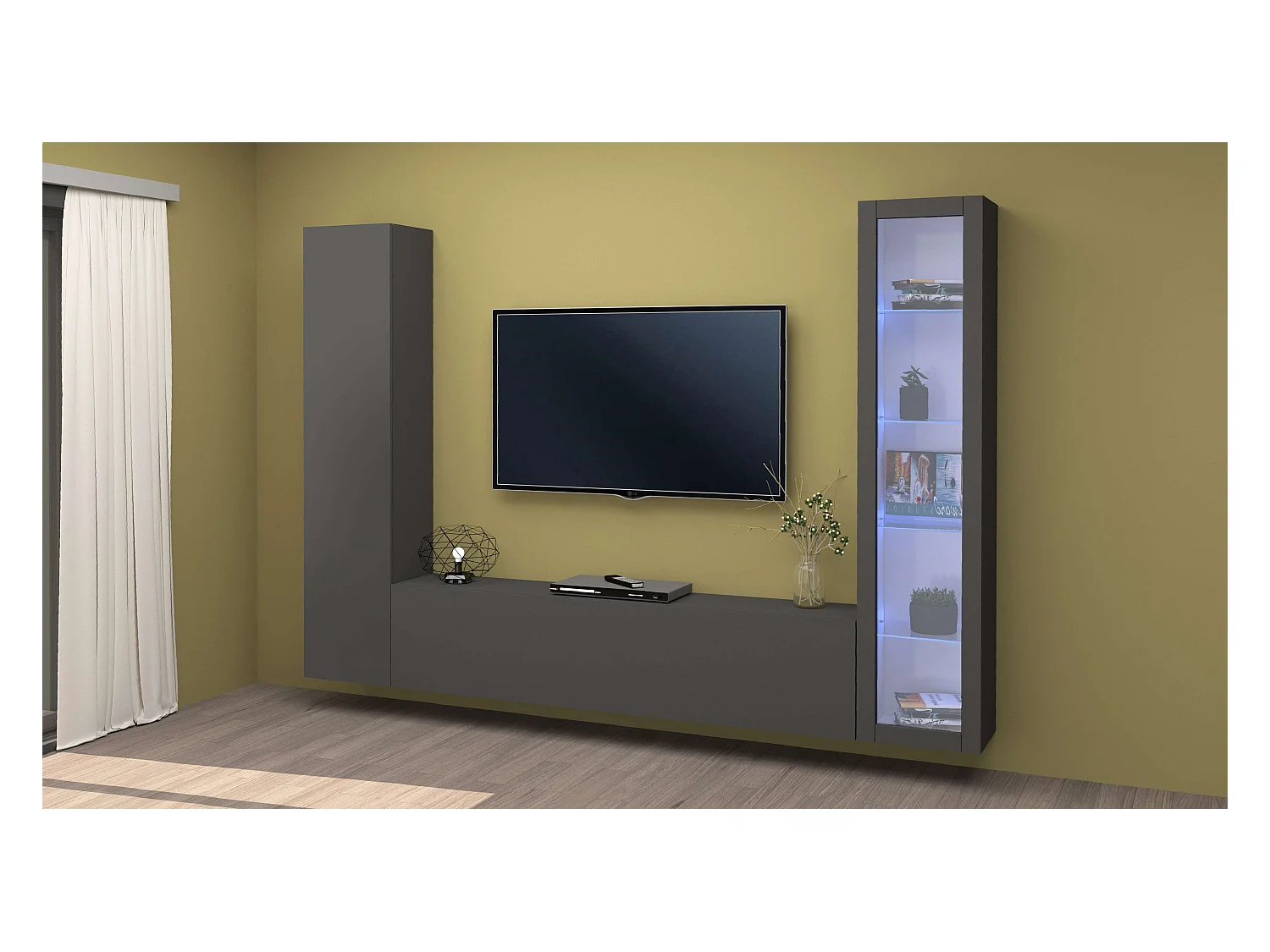 Parete attrezzata antracite moderna mobile TV vetrina e armadio sospesi Peris RT