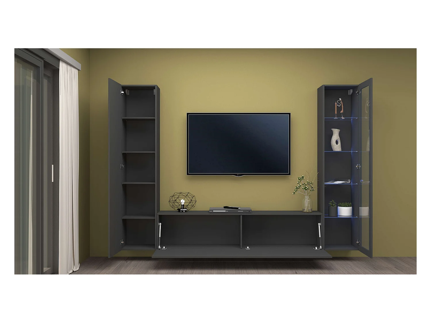 Parete attrezzata antracite moderna mobile TV vetrina e armadio sospesi Peris RT