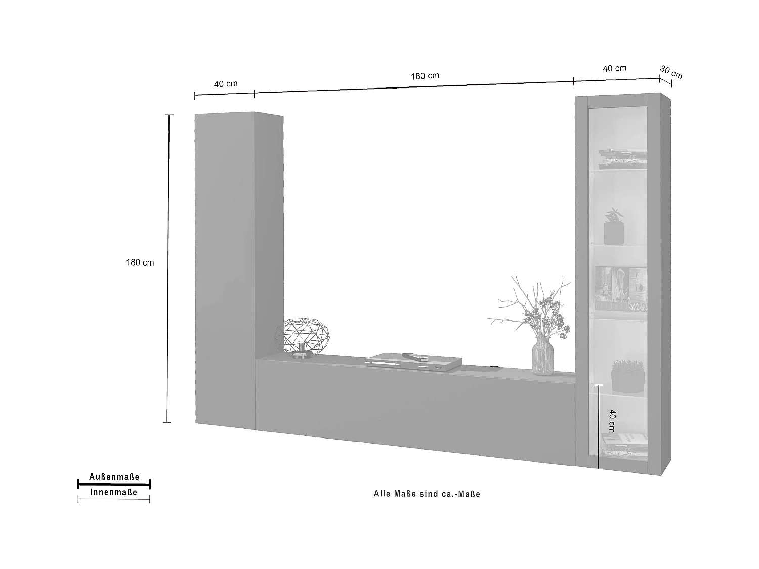 Parete attrezzata antracite moderna mobile TV vetrina e armadio sospesi Peris RT