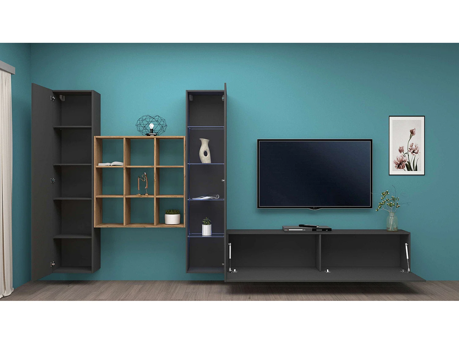 Moderne Wohnwand TV mit Schrank und Bücherregal aus Holz Ranil RT