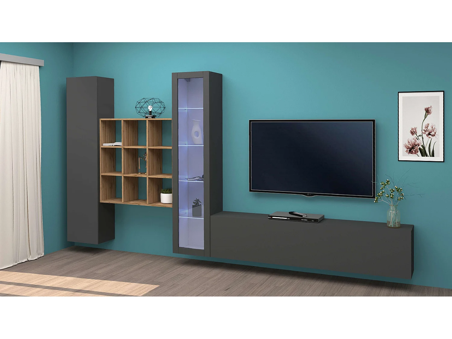 Moderne Wohnwand TV mit Schrank und Bücherregal aus Holz Ranil RT