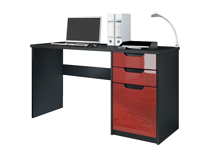 Logan Desk, scrivania per ufficio con 2 cassetti e 1 anta, nero opaco/bordeaux lucido (129 x 76 x 60 cm)