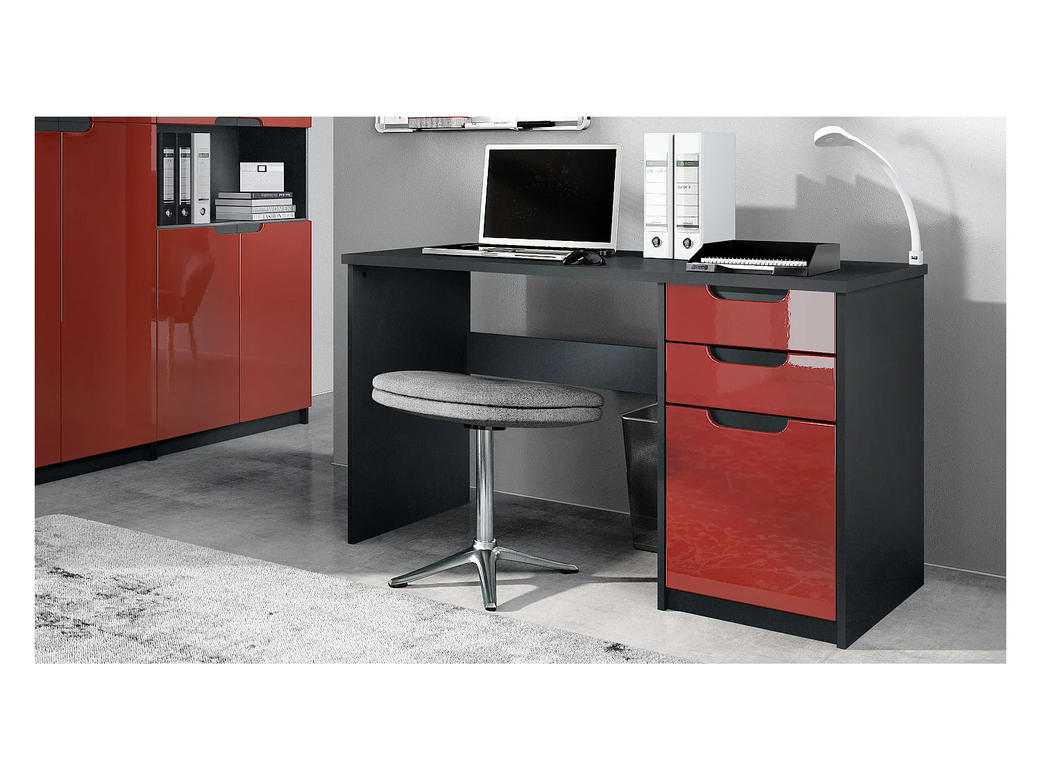 Bureau Logan, Petit bureau avec 2 tiroirs et d’une porte, noir mat/bordeaux haute brillance (129 x 76 x 60 cm)