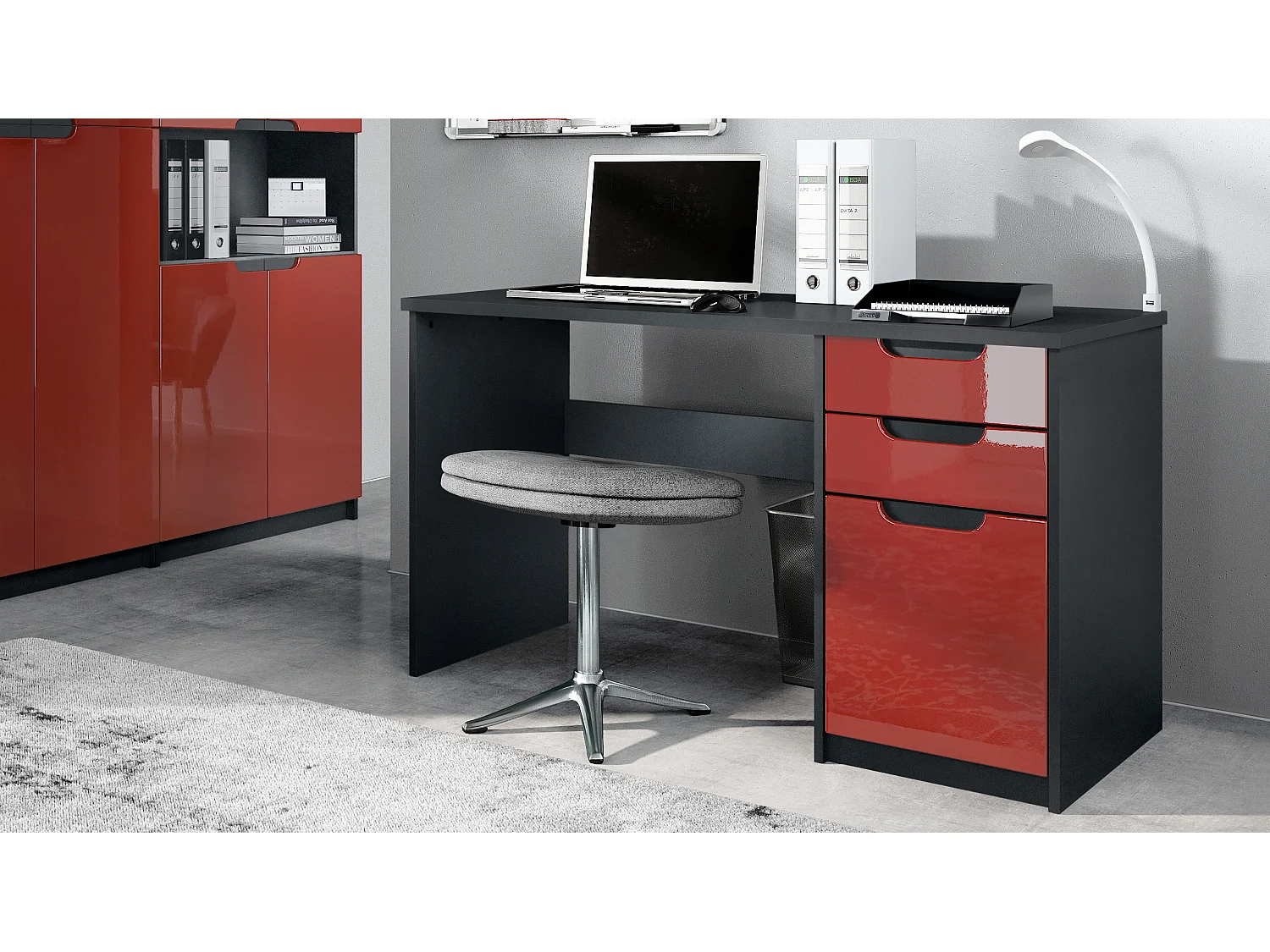 Logan Desk, scrivania per ufficio con 2 cassetti e 1 anta, nero opaco/bordeaux lucido (129 x 76 x 60 cm)