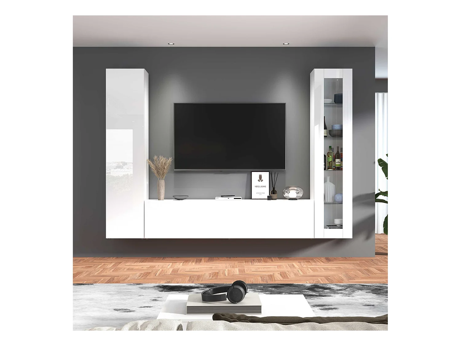 Parete attrezzata Maruska set soggiorno bianco lucido 260x30x180 cm