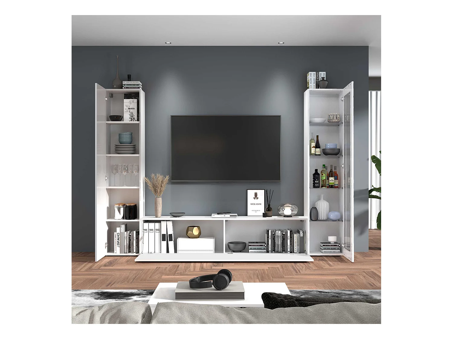 Parete attrezzata Maruska set soggiorno bianco lucido 260x30x180 cm