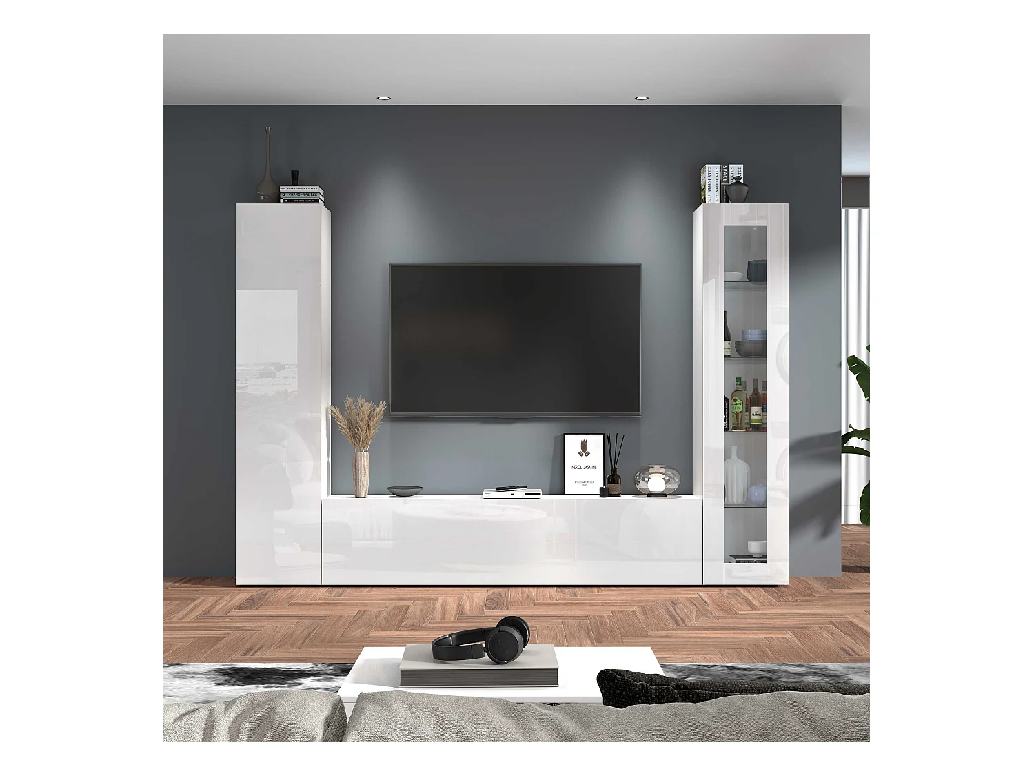 Parete attrezzata Maruska set soggiorno bianco lucido 260x30x180 cm