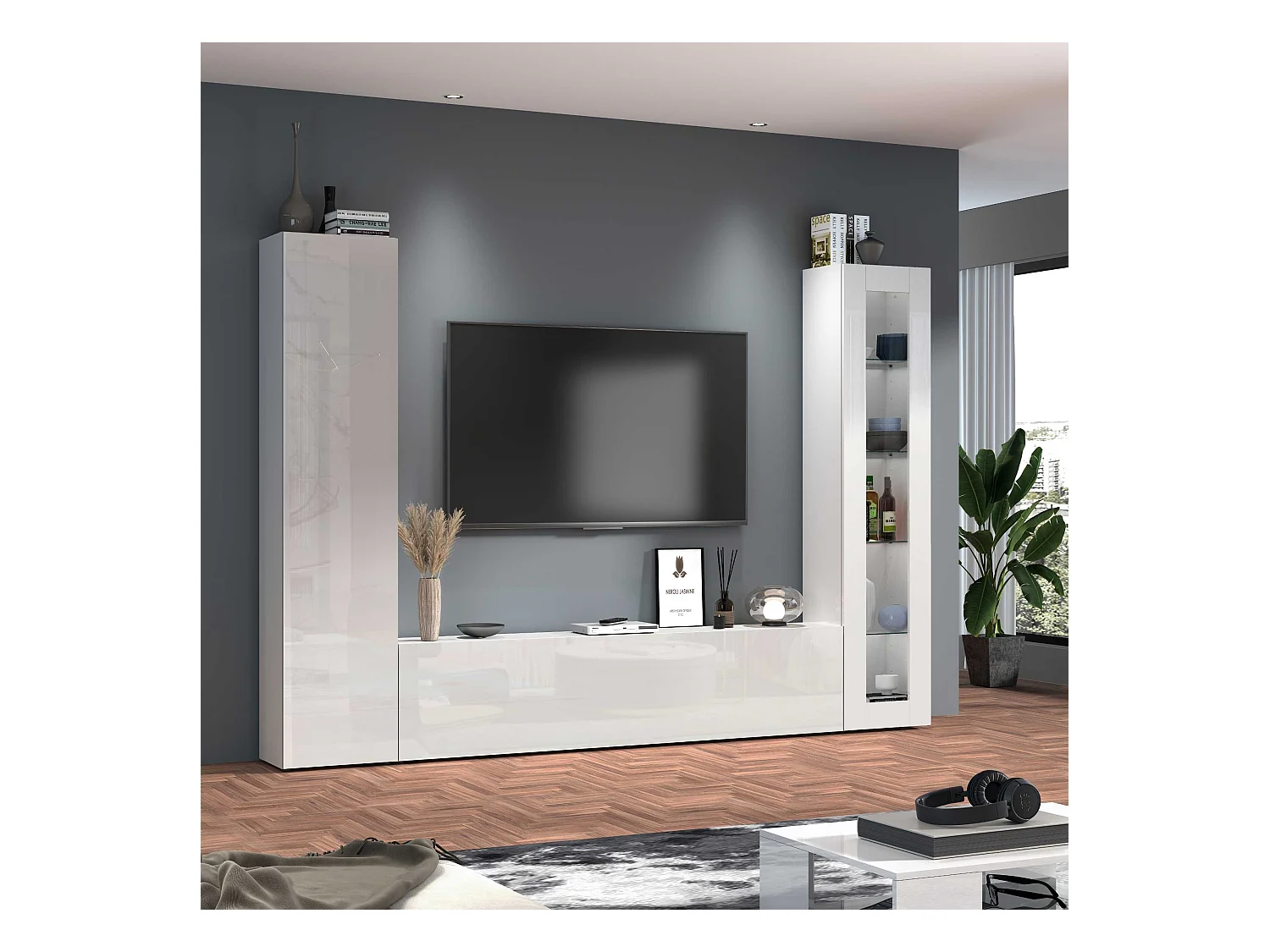 Parete attrezzata Maruska set soggiorno bianco lucido 260x30x180 cm