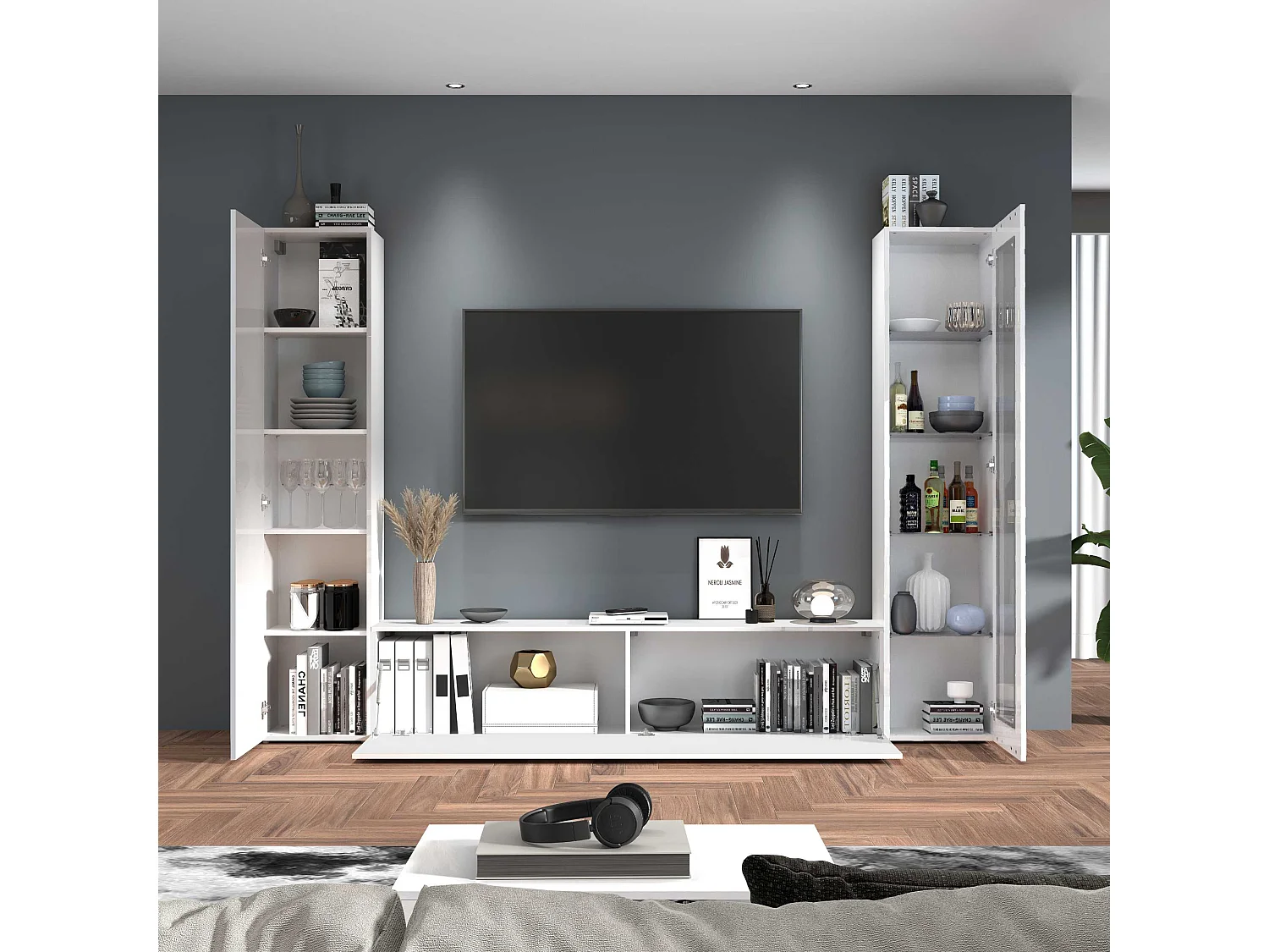 Parete attrezzata Maruska set soggiorno bianco lucido 260x30x180 cm