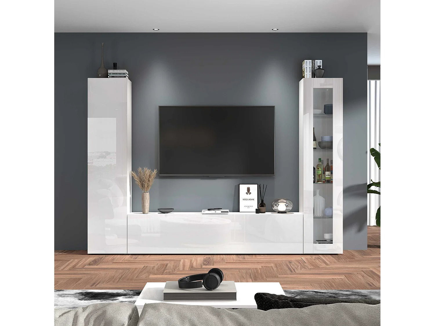 Parete attrezzata Maruska set soggiorno bianco lucido 260x30x180 cm