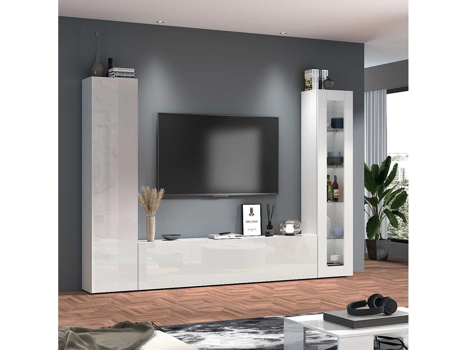 Parete attrezzata Maruska set soggiorno bianco lucido 260x30x180 cm