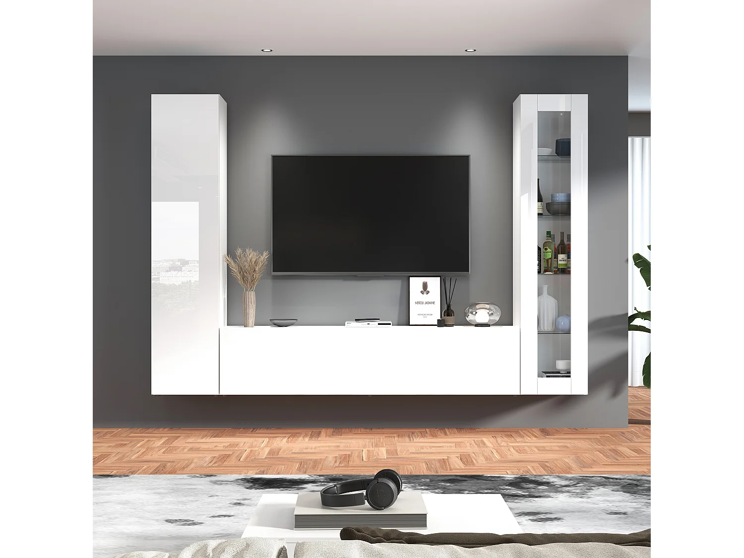 Parete attrezzata Maruska set soggiorno bianco lucido 260x30x180 cm