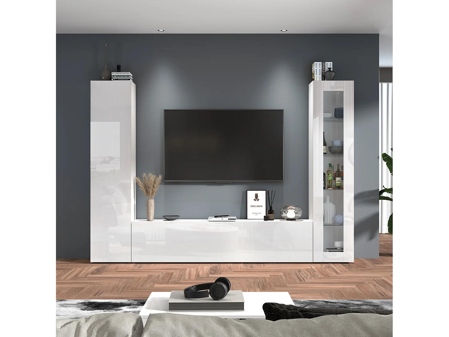 Parete attrezzata Maruska set soggiorno bianco lucido 260x30x180 cm