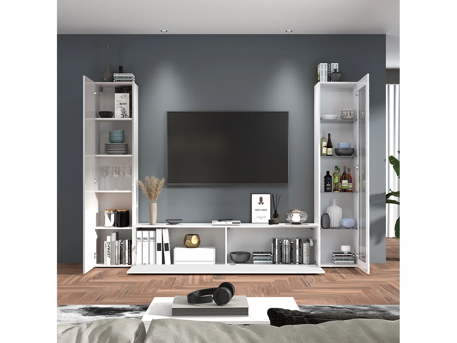 Parete attrezzata Maruska set soggiorno bianco lucido 260x30x180 cm