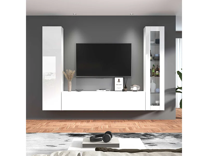 Mueble TV suspendido blanco vitrina y armario Peris WH