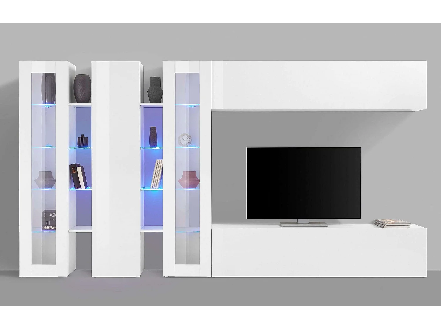 Wohnwand mit 2 Vitrinen, TV-Schrank, Hängeschrank Joy Mir