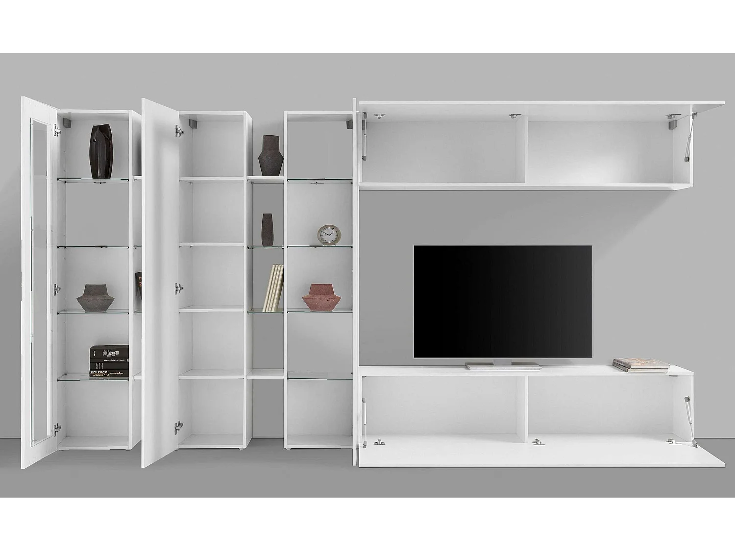 Wohnwand mit 2 Vitrinen, TV-Schrank, Hängeschrank Joy Mir