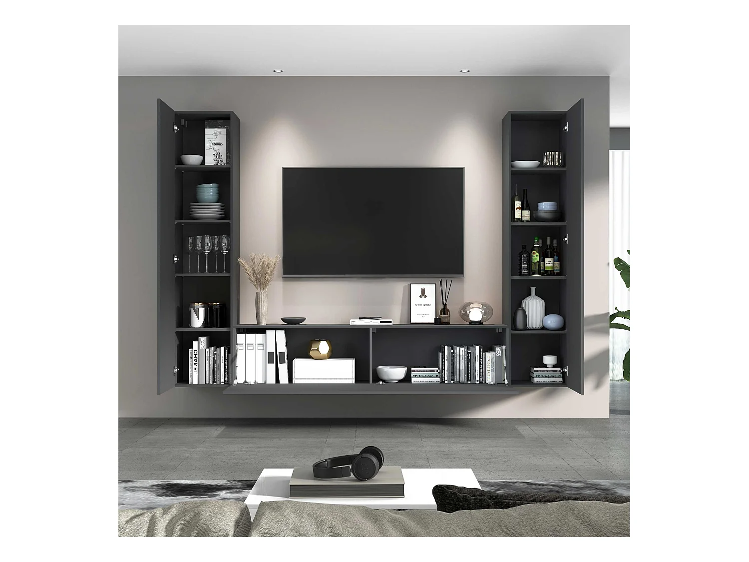 Meuble TV de salon moderne gris 2 armoires colonnes Vibe RT