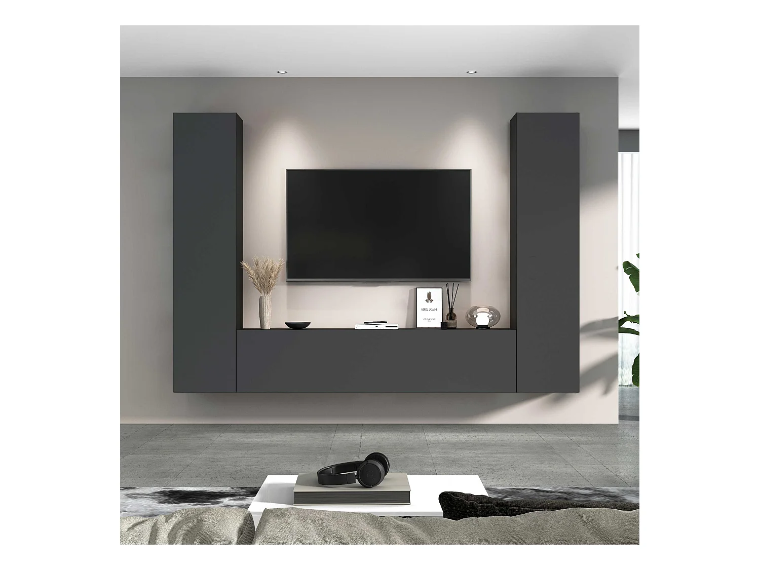 Vibe RT mueble TV moderno gris colgado sistema pared 2 armarios
