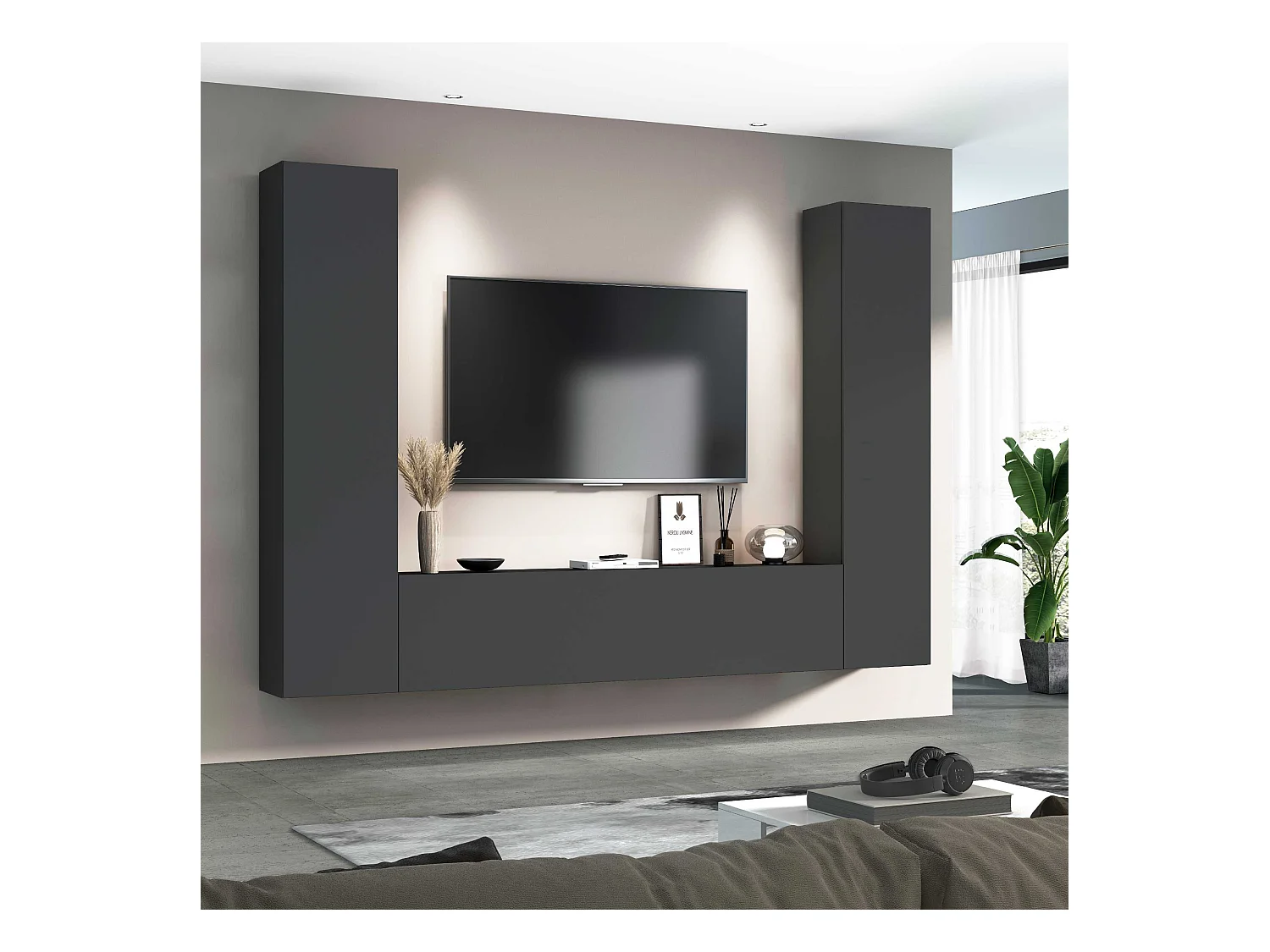 Vibe RT mueble TV moderno gris colgado sistema pared 2 armarios