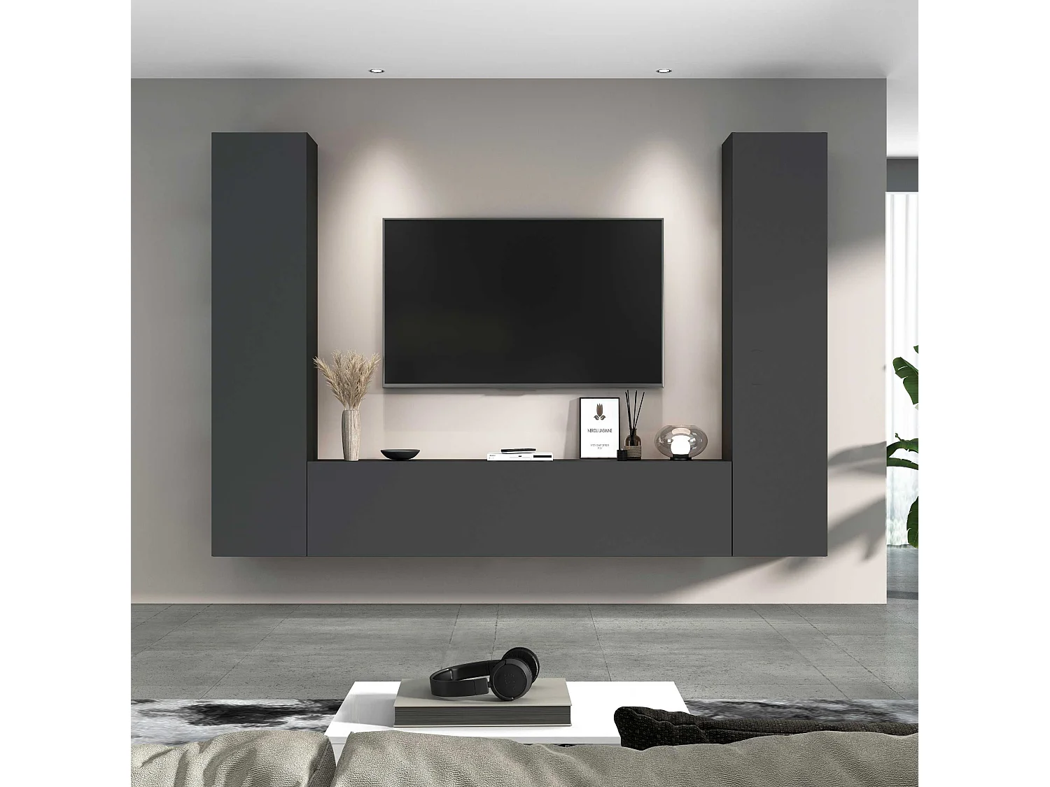 Parete attrezzata Maruska per soggiorno completo antracite opaco 260x30x180 cm