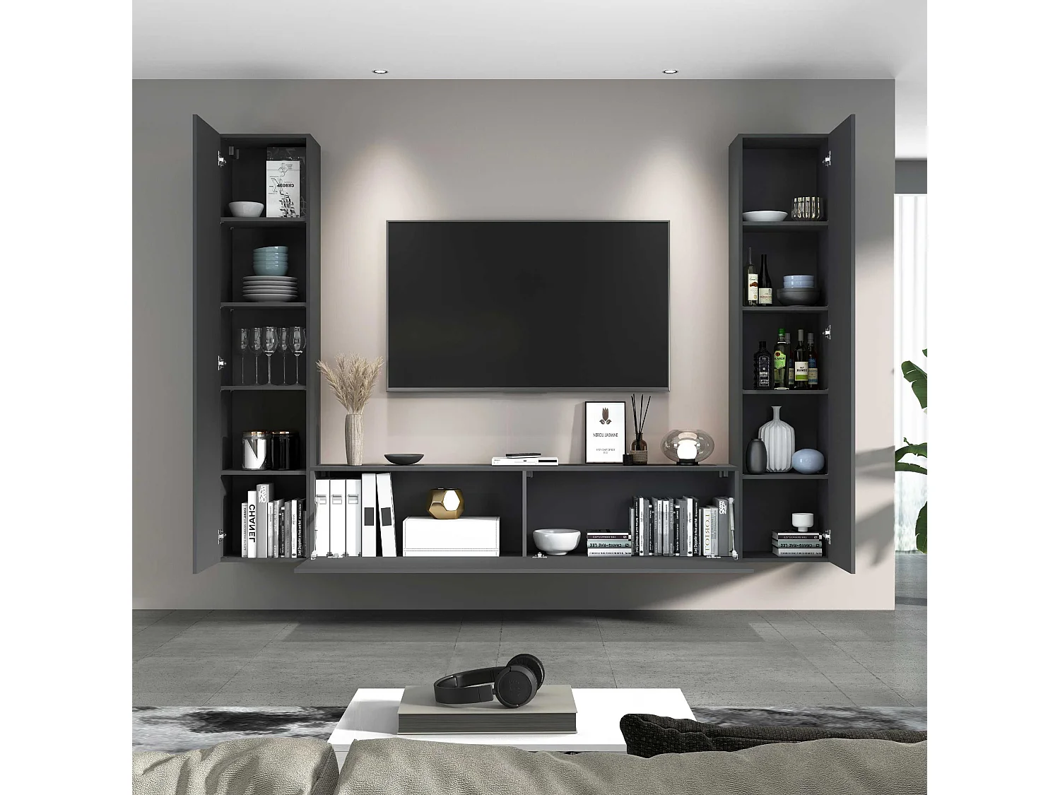 Parete attrezzata Maruska per soggiorno completo antracite opaco 260x30x180 cm