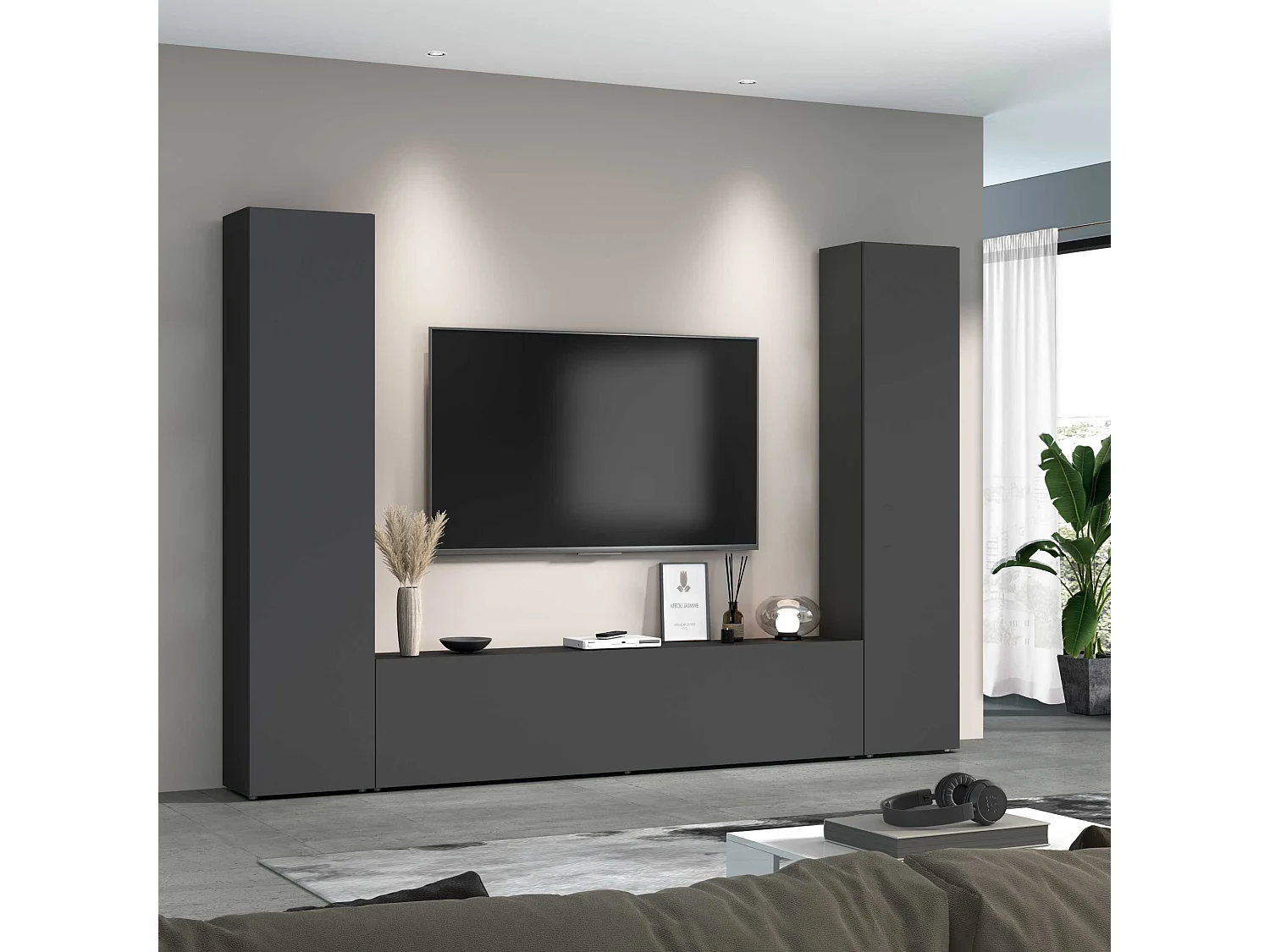 Parete attrezzata Maruska per soggiorno completo antracite opaco 260x30x180 cm