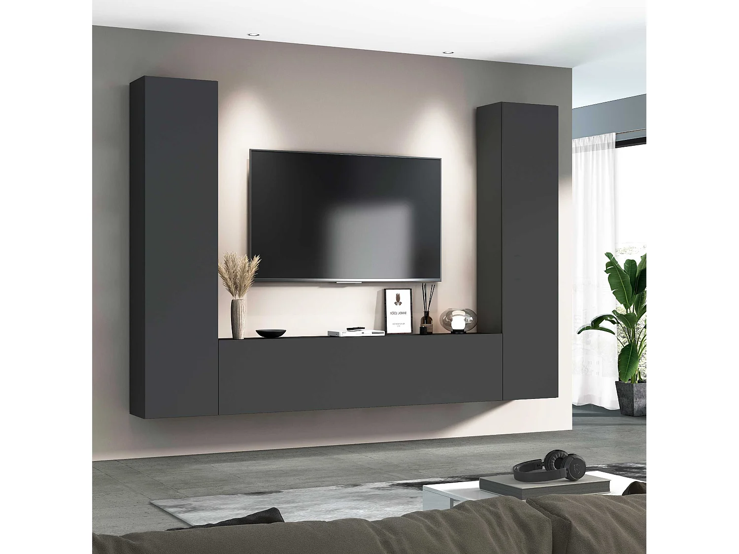 Parete attrezzata Maruska per soggiorno completo antracite opaco 260x30x180 cm