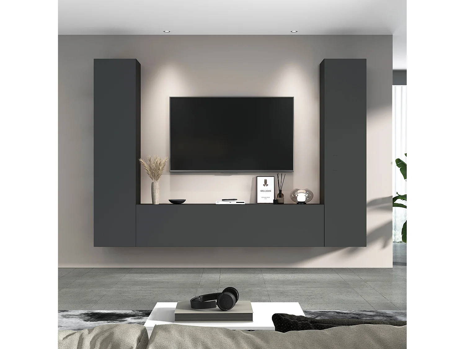 Vibe RT mueble TV moderno gris colgado sistema pared 2 armarios