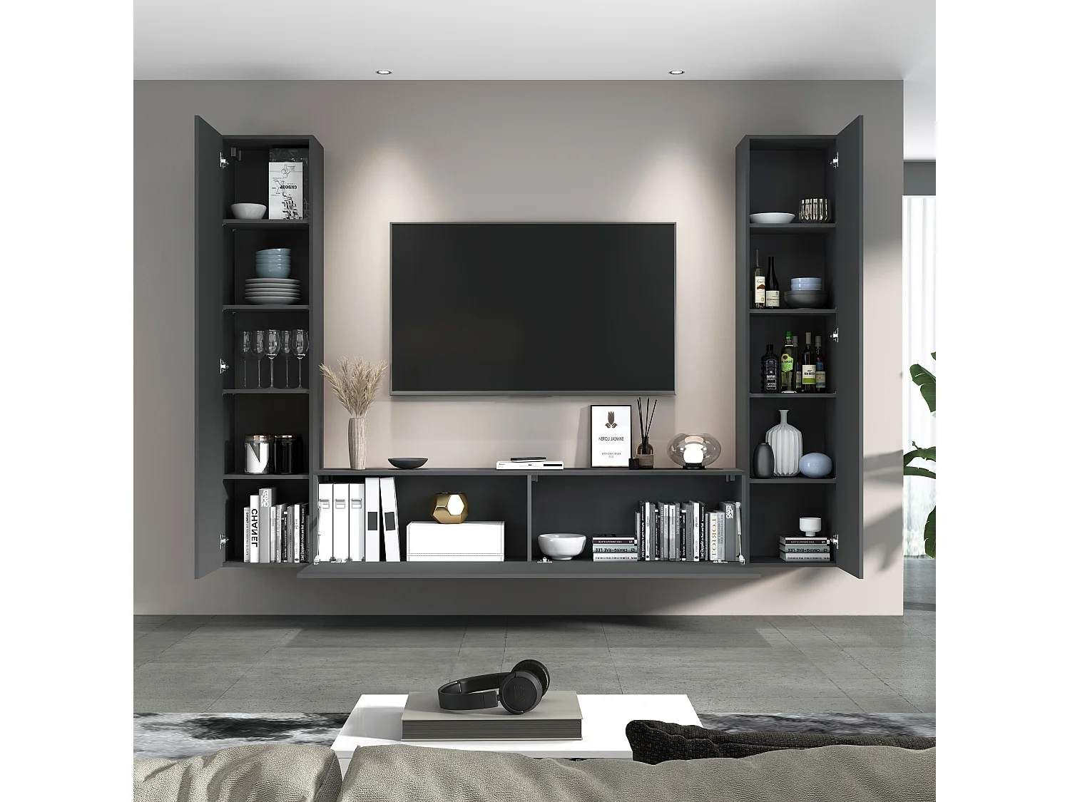 Vibe RT mueble TV moderno gris colgado sistema pared 2 armarios