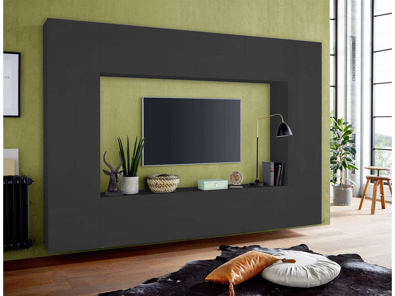 Parete attrezzata moderna soggiorno grigio porta TV 2 armadi pensile Note Mold