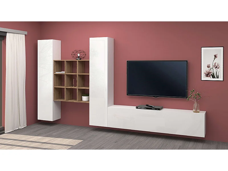 Meuble TV de salon moderne blanc 2 armoires bibliothèque Talka WH