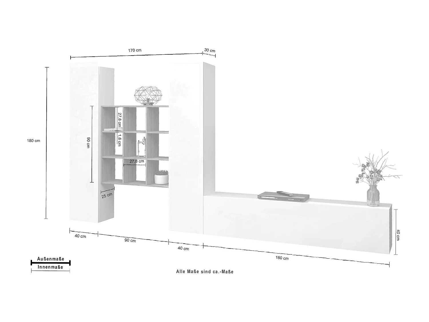 Mueble TV mural blanco 2 armarios librería Talka WH