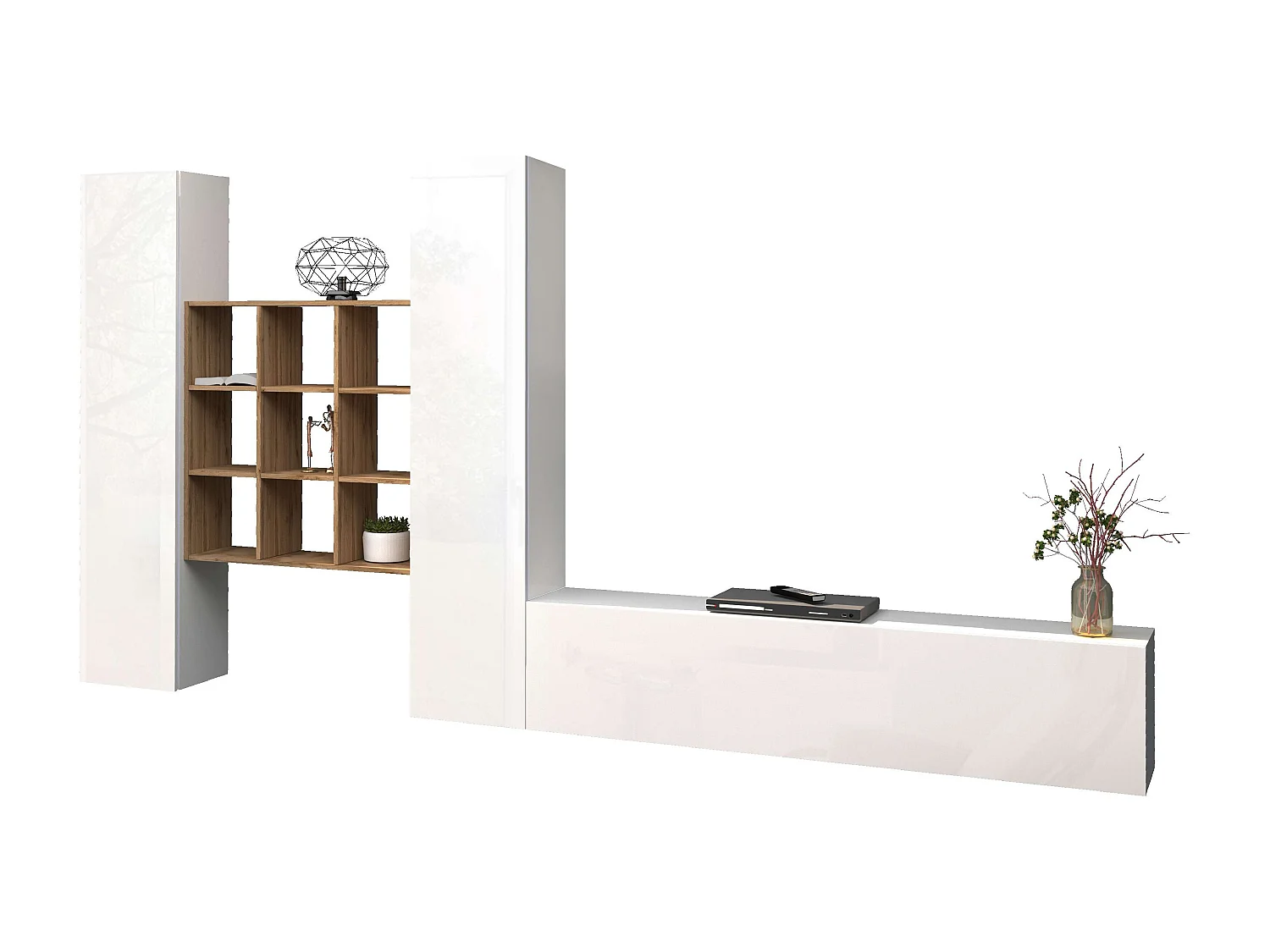 TV-Wohnwand weiß schwebend mit 2 Schränken und Bücherregal Talka WH
